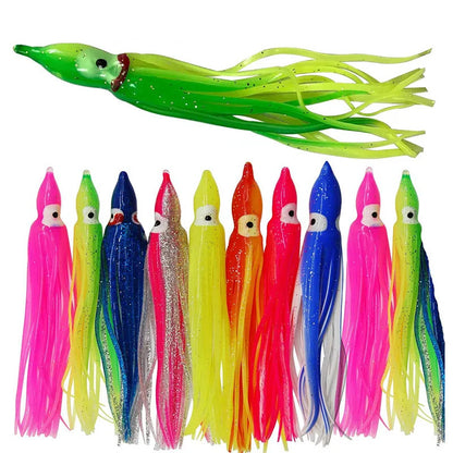 5Pcs Soft Luminous Octopus Skirts Lures Silicone Tuna Trolling Skirted Squid Jigging Bait 3D Glow Eye Tool 5-12cm