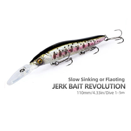 JERK MINNOW Slow Sinking or Floating Wobbler Fishing Lure Hard Bait 110mm Depth 0-3m