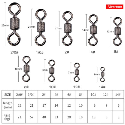 50PCS Fishing Swivels Ball Bearing Swivel with Safety Snap Solid Rings Rolling Swivel