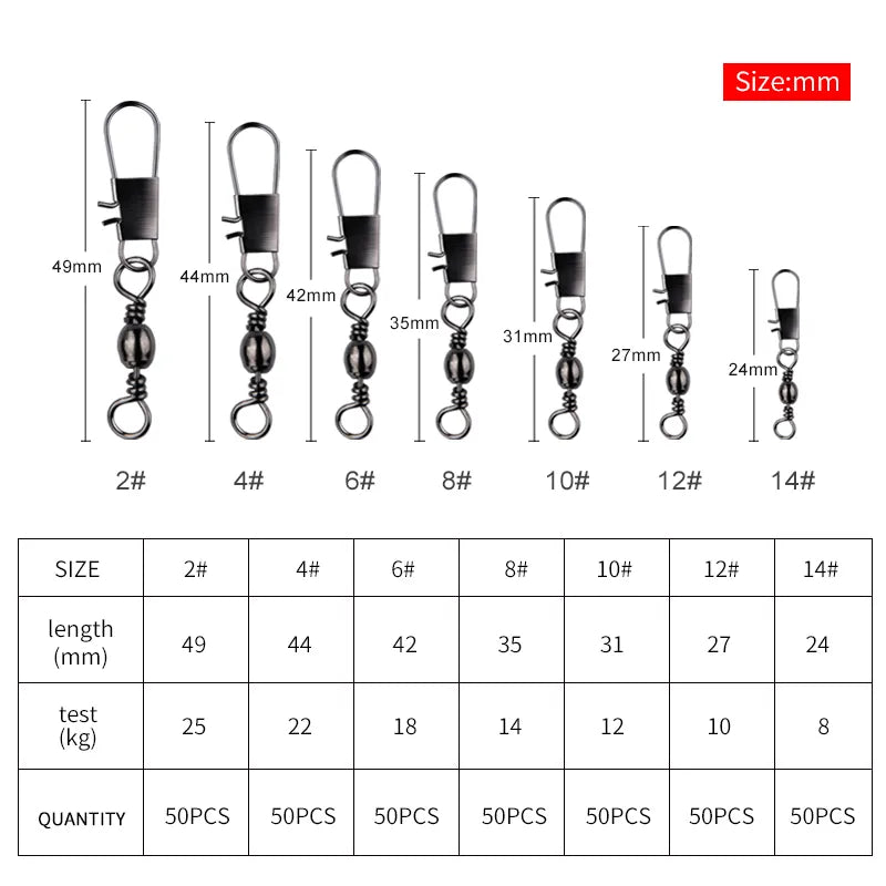 50Pcs Stainless Steel Fishing Connector Pin Bearing Rolling Swivel with Snap