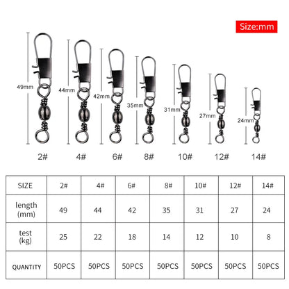 50Pcs Stainless Steel Fishing Connector Pin Bearing Rolling Swivel with Snap